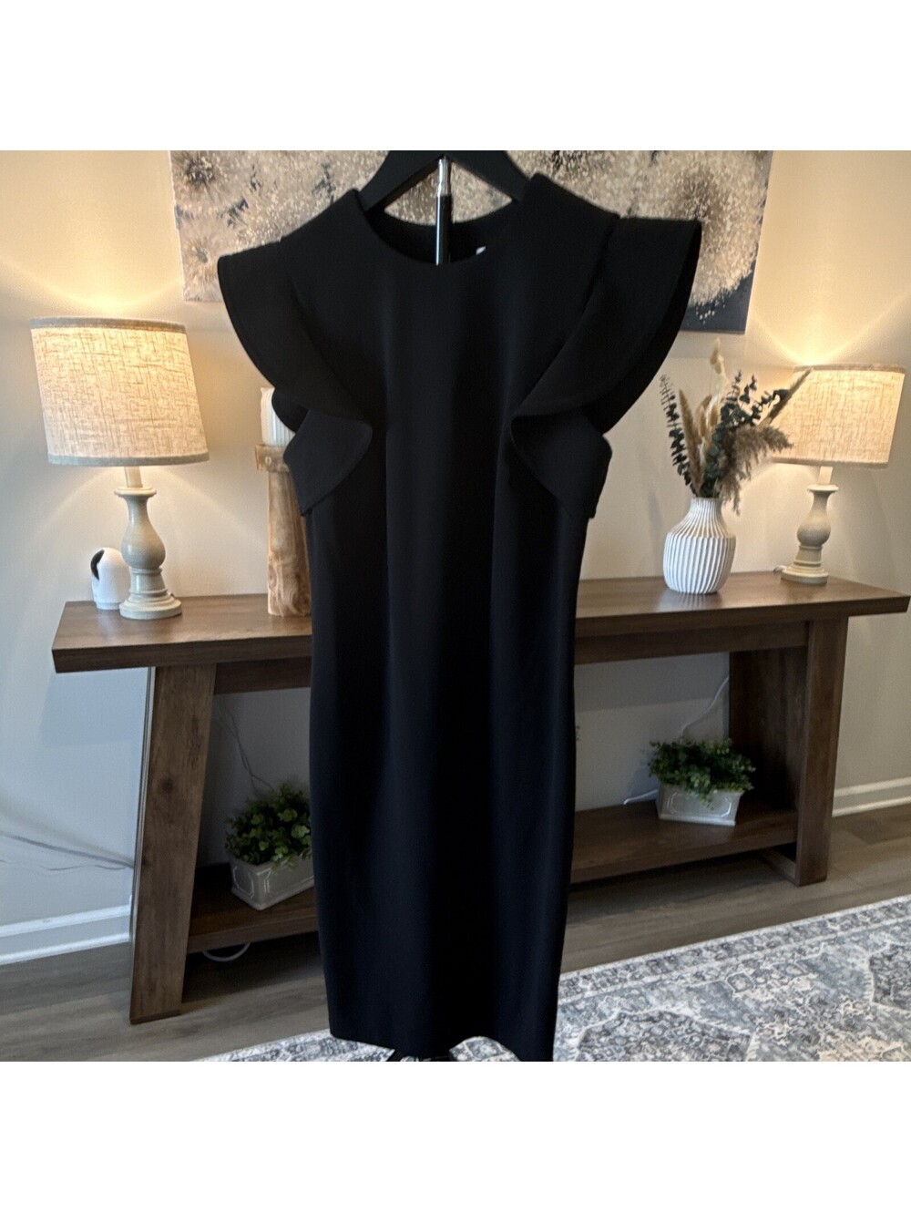 Calvin Klein Black Sheath Round Neck Ruffle Sleeve Knee Stretch Zip Dress 2